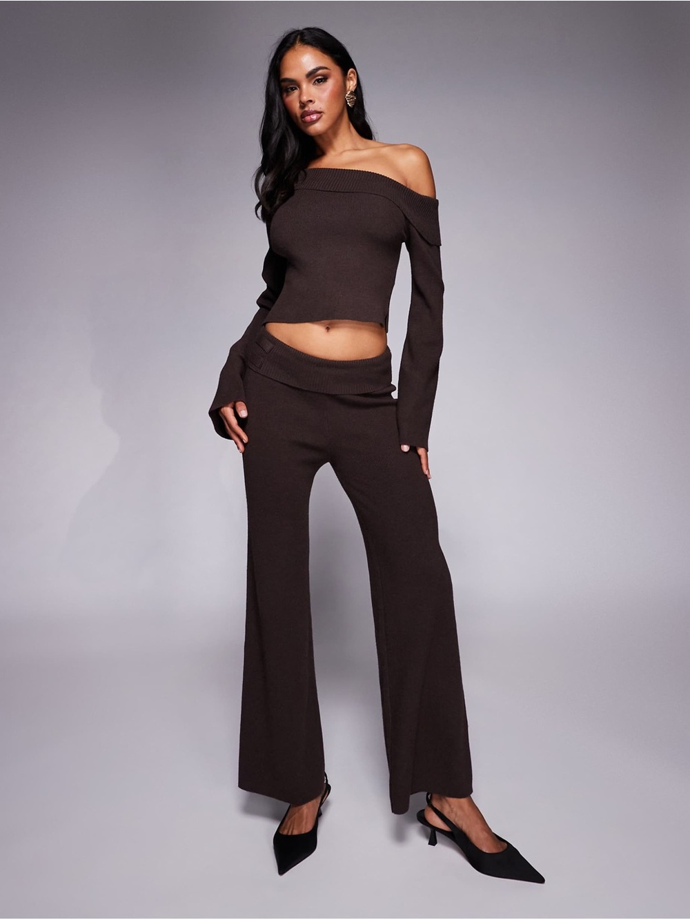 NWT Princess Polly Try Me rib knit fold over wide leg pants in chocolate PANTS